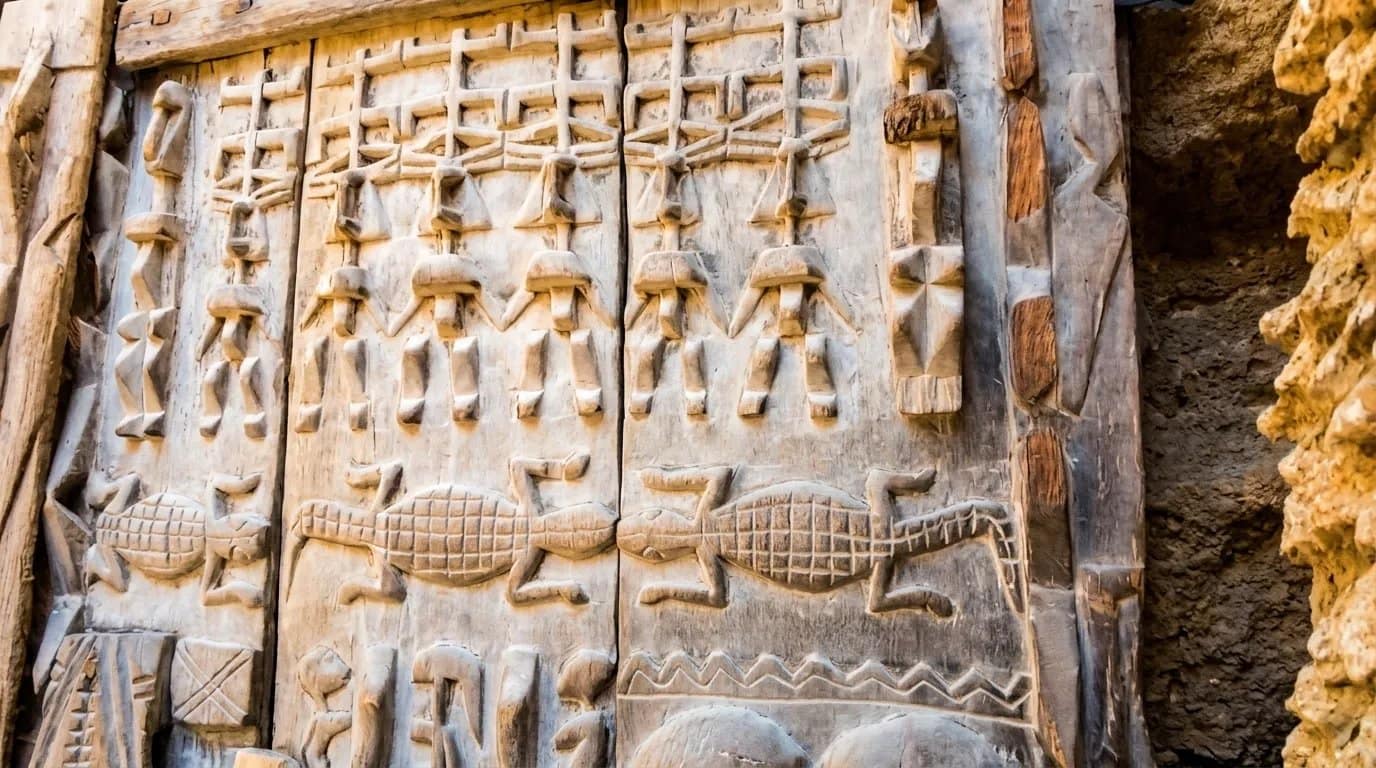 Eine geschnitzte Holztür, verziert mit Krokodil- und Figurenmotiven, in den Herkuleshöhlen