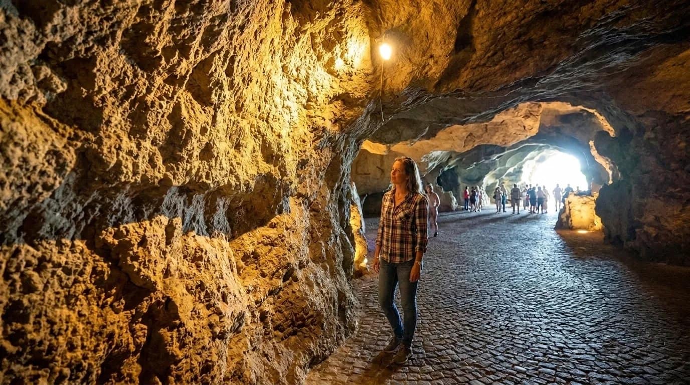 Der gepflasterte Weg im Inneren der Herkuleshöhlen, mit einem Besucher, der durch den beleuchteten Gang geht