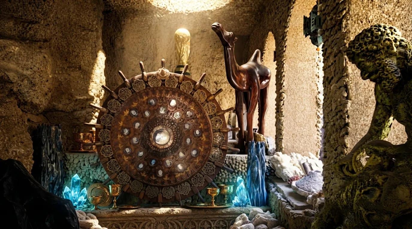 La sala decorata all'interno delle grotte di Ercole, con una ruota di legno intagliata, una scultura di cammello e una statua dorata di Ercole