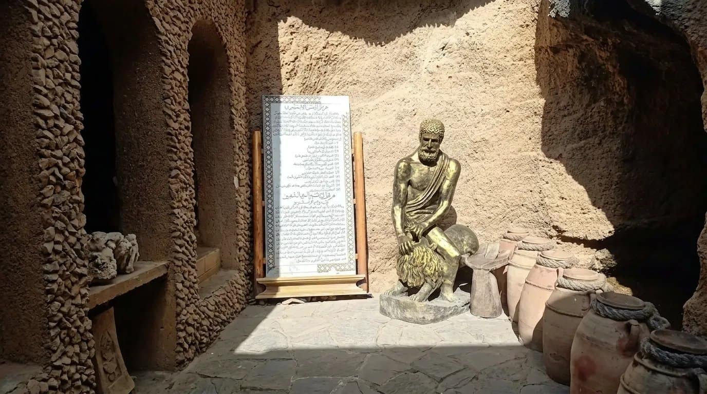 Die goldene Herkules-Statue im geschmückten Abschnitt der Herkuleshöhlen, sitzend neben Tonkrügen und einer Infotafel