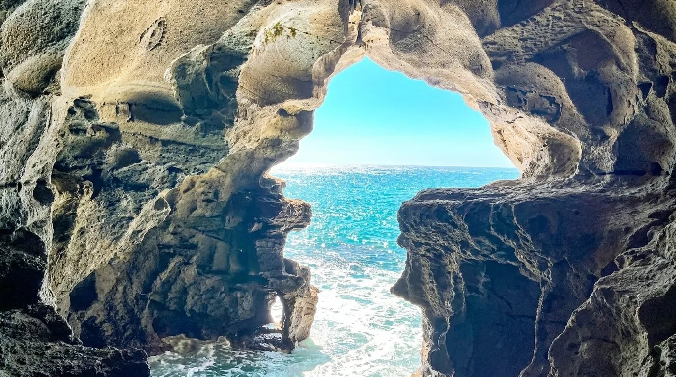 The Map of Africa-shaped rock opening at the Caves of Hercules, framing a view of the Atlantic Ocean