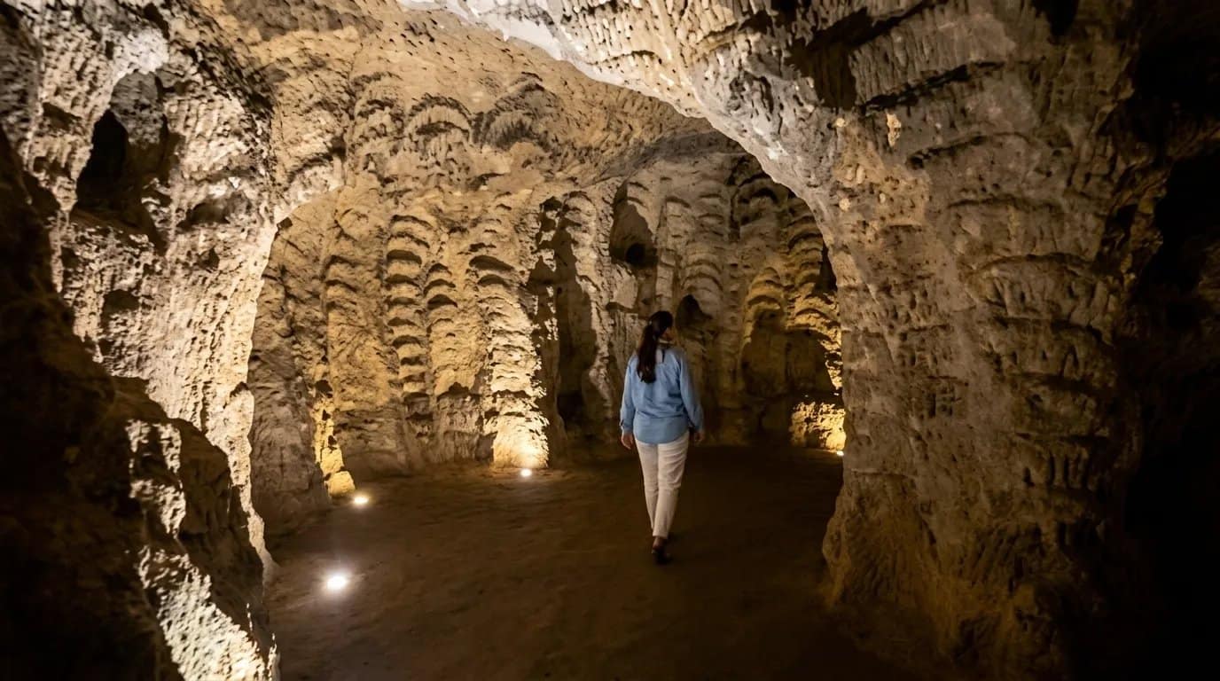 Il camminamento in ciottolato all'interno delle grotte di Ercole, che mostra il terreno irregolare sotto i piedi